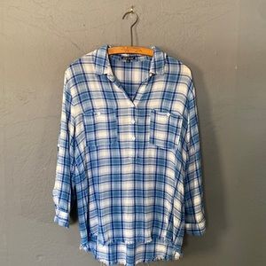 Dear John Blue and White Plaid High Low Frayed Hem Button Front Casual Shirt